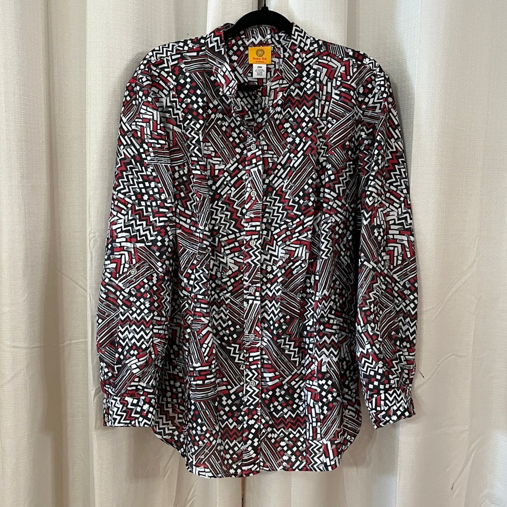 Ruby Rd Blouse Button‎ Up Womens 20W Red Black WHT Geometric Abstract Artsy Chic